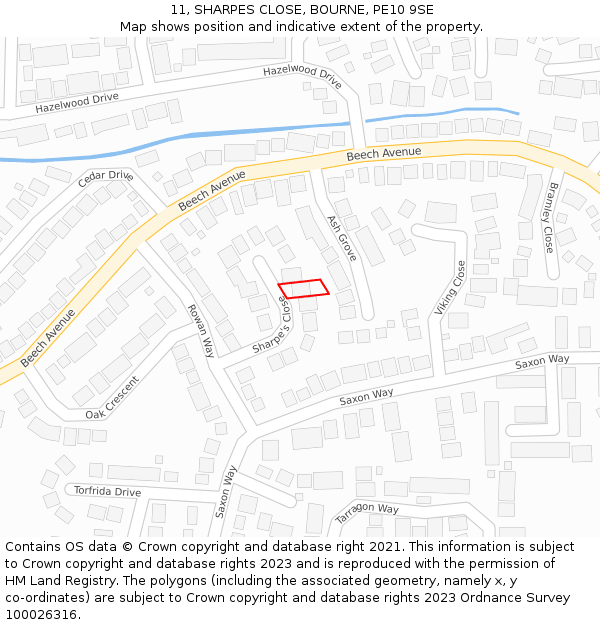 11, SHARPES CLOSE, BOURNE, PE10 9SE: Location map and indicative extent of plot