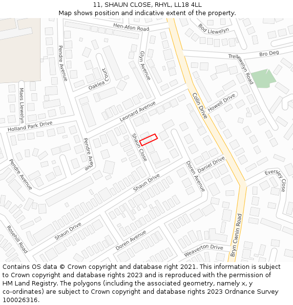 11, SHAUN CLOSE, RHYL, LL18 4LL: Location map and indicative extent of plot