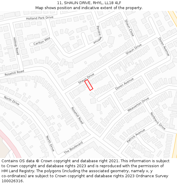 11, SHAUN DRIVE, RHYL, LL18 4LF: Location map and indicative extent of plot