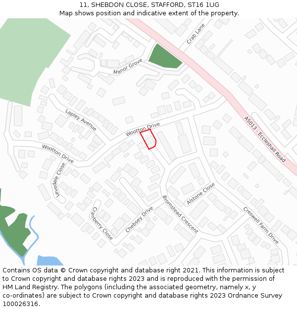 11, SHEBDON CLOSE, STAFFORD, ST16 1UG: Location map and indicative extent of plot