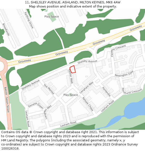 11, SHELSLEY AVENUE, ASHLAND, MILTON KEYNES, MK6 4AW: Location map and indicative extent of plot