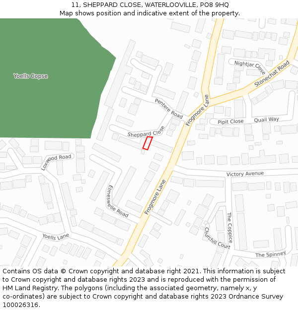 11, SHEPPARD CLOSE, WATERLOOVILLE, PO8 9HQ: Location map and indicative extent of plot