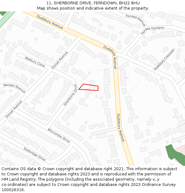 11, SHERBORNE DRIVE, FERNDOWN, BH22 8HU: Location map and indicative extent of plot