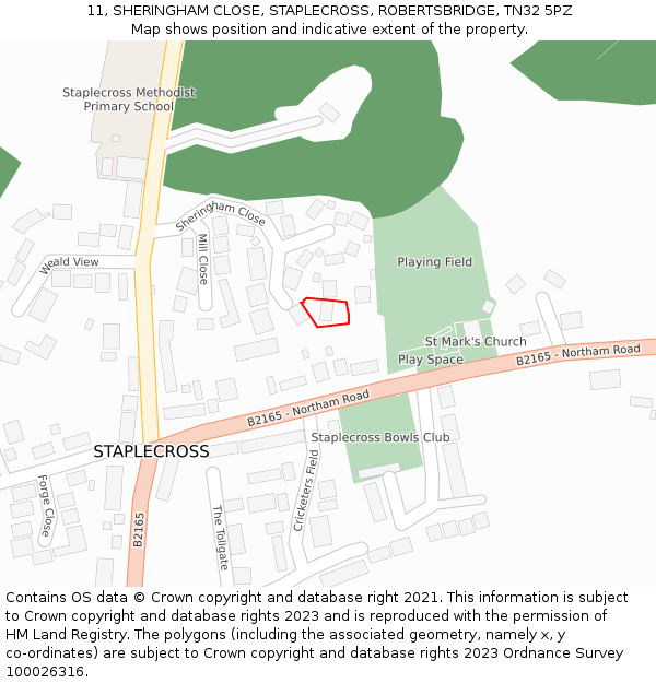 11, SHERINGHAM CLOSE, STAPLECROSS, ROBERTSBRIDGE, TN32 5PZ: Location map and indicative extent of plot