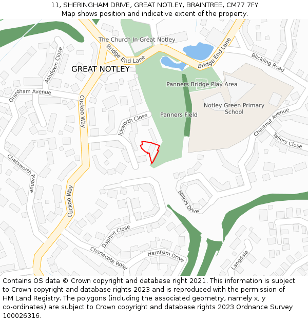 11, SHERINGHAM DRIVE, GREAT NOTLEY, BRAINTREE, CM77 7FY: Location map and indicative extent of plot