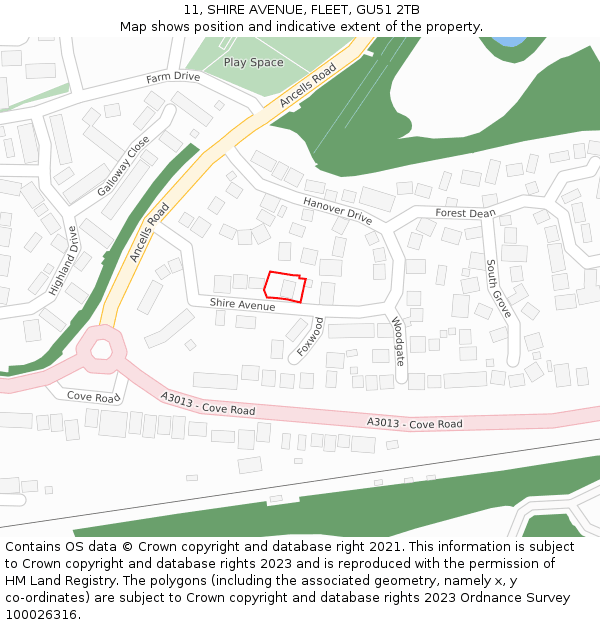 11, SHIRE AVENUE, FLEET, GU51 2TB: Location map and indicative extent of plot