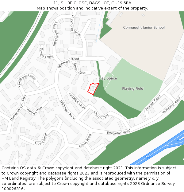 11, SHIRE CLOSE, BAGSHOT, GU19 5RA: Location map and indicative extent of plot