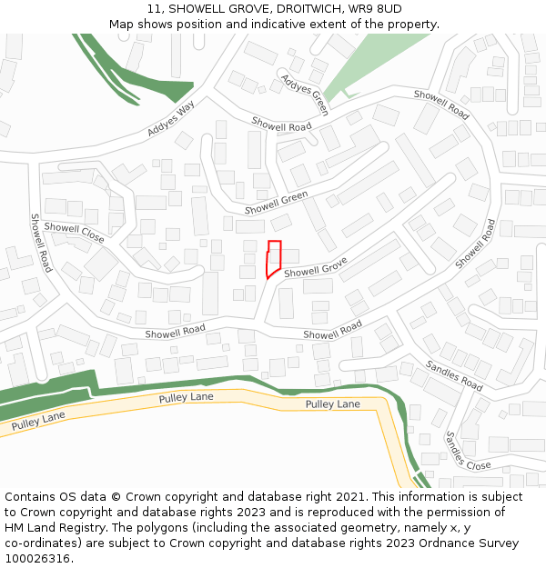 11, SHOWELL GROVE, DROITWICH, WR9 8UD: Location map and indicative extent of plot