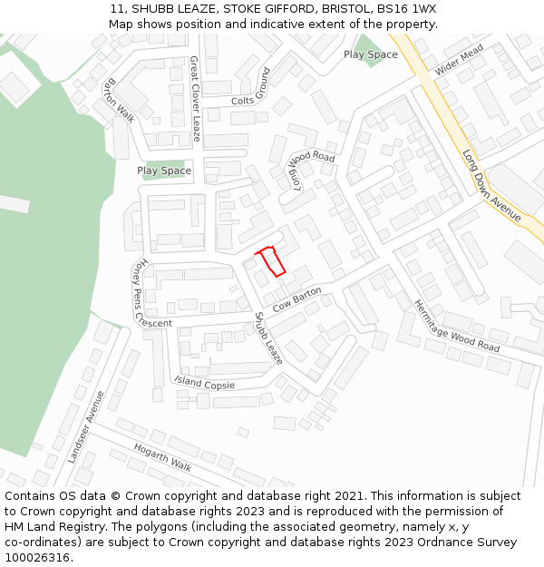 11, SHUBB LEAZE, STOKE GIFFORD, BRISTOL, BS16 1WX: Location map and indicative extent of plot