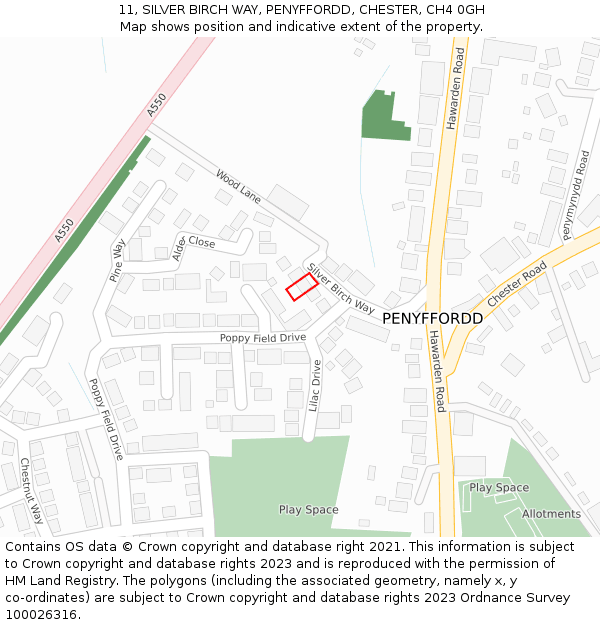 11, SILVER BIRCH WAY, PENYFFORDD, CHESTER, CH4 0GH: Location map and indicative extent of plot