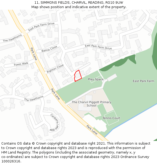 11, SIMMONS FIELDS, CHARVIL, READING, RG10 9UW: Location map and indicative extent of plot