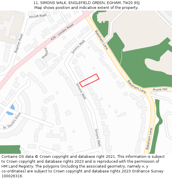 11, SIMONS WALK, ENGLEFIELD GREEN, EGHAM, TW20 9SJ: Location map and indicative extent of plot