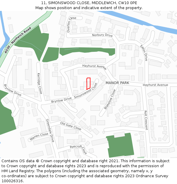 11, SIMONSWOOD CLOSE, MIDDLEWICH, CW10 0PE: Location map and indicative extent of plot
