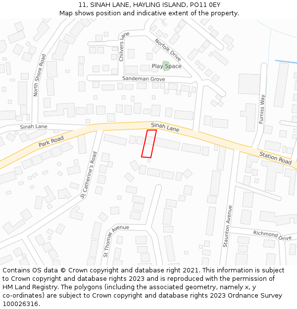 11, SINAH LANE, HAYLING ISLAND, PO11 0EY: Location map and indicative extent of plot