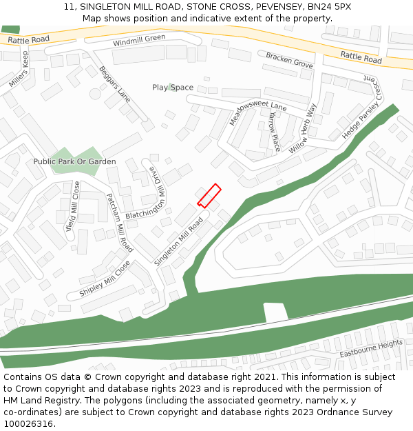 11, SINGLETON MILL ROAD, STONE CROSS, PEVENSEY, BN24 5PX: Location map and indicative extent of plot