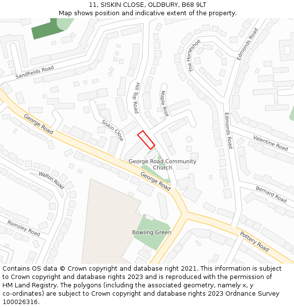 11, SISKIN CLOSE, OLDBURY, B68 9LT: Location map and indicative extent of plot