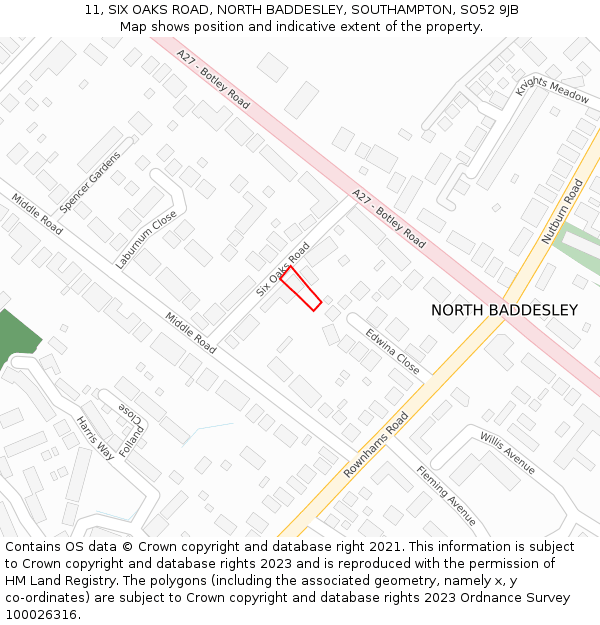 11, SIX OAKS ROAD, NORTH BADDESLEY, SOUTHAMPTON, SO52 9JB: Location map and indicative extent of plot