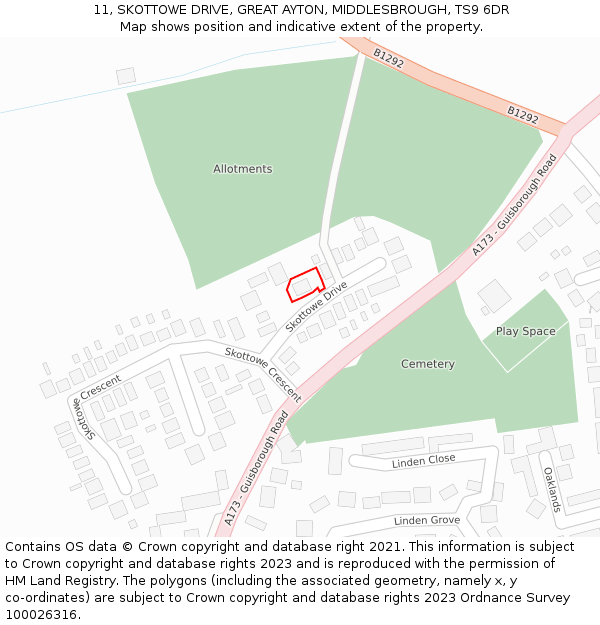 11, SKOTTOWE DRIVE, GREAT AYTON, MIDDLESBROUGH, TS9 6DR: Location map and indicative extent of plot