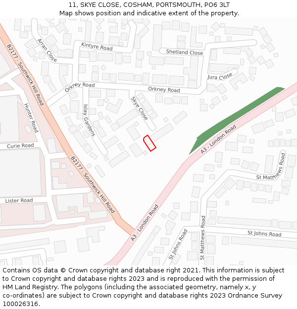 11, SKYE CLOSE, COSHAM, PORTSMOUTH, PO6 3LT: Location map and indicative extent of plot