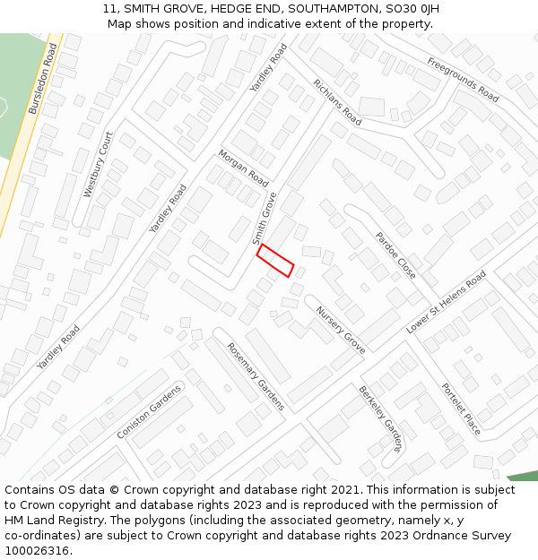 11, SMITH GROVE, HEDGE END, SOUTHAMPTON, SO30 0JH: Location map and indicative extent of plot