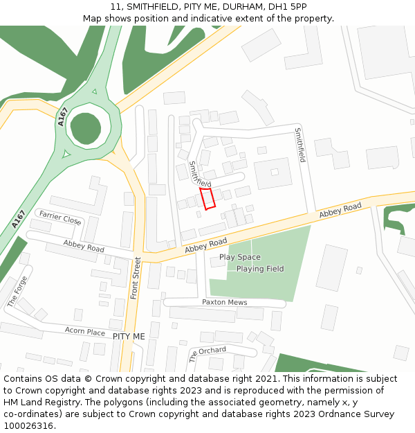 11, SMITHFIELD, PITY ME, DURHAM, DH1 5PP: Location map and indicative extent of plot