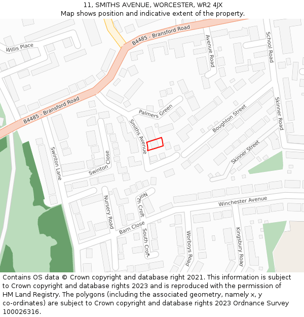 11, SMITHS AVENUE, WORCESTER, WR2 4JX: Location map and indicative extent of plot