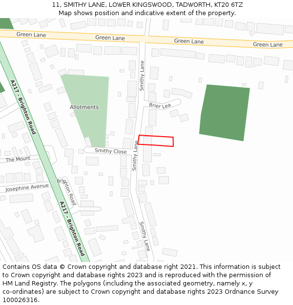 11, SMITHY LANE, LOWER KINGSWOOD, TADWORTH, KT20 6TZ: Location map and indicative extent of plot