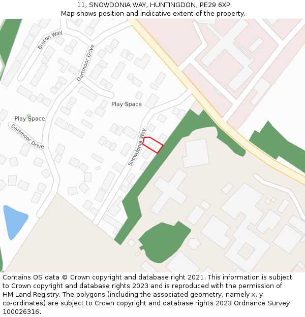 11, SNOWDONIA WAY, HUNTINGDON, PE29 6XP: Location map and indicative extent of plot