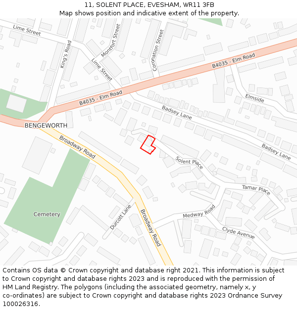 11, SOLENT PLACE, EVESHAM, WR11 3FB: Location map and indicative extent of plot