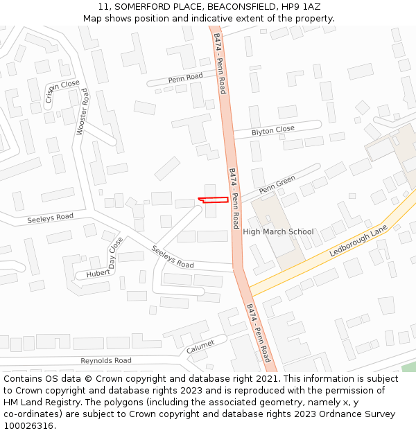 11, SOMERFORD PLACE, BEACONSFIELD, HP9 1AZ: Location map and indicative extent of plot