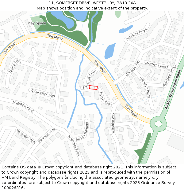 11, SOMERSET DRIVE, WESTBURY, BA13 3XA: Location map and indicative extent of plot