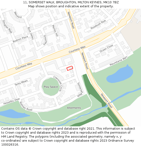 11, SOMERSET WALK, BROUGHTON, MILTON KEYNES, MK10 7BZ: Location map and indicative extent of plot