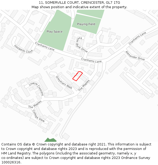 11, SOMERVILLE COURT, CIRENCESTER, GL7 1TG: Location map and indicative extent of plot