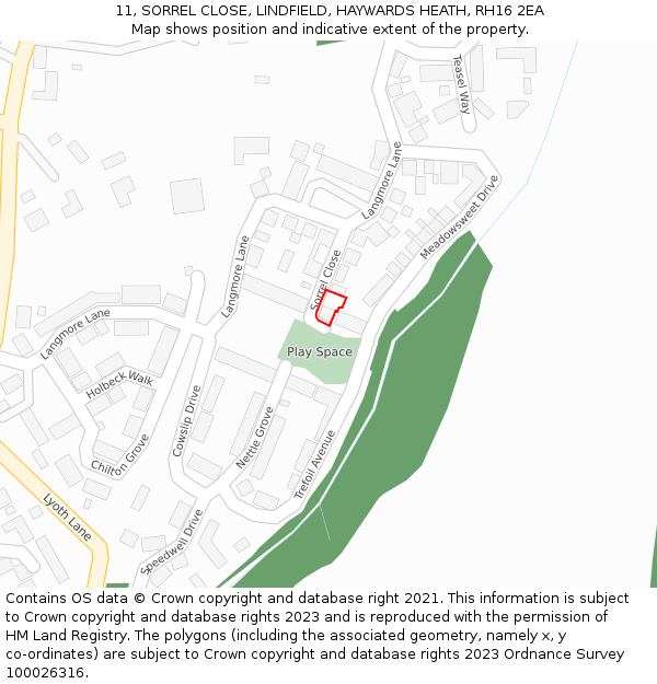 11, SORREL CLOSE, LINDFIELD, HAYWARDS HEATH, RH16 2EA: Location map and indicative extent of plot