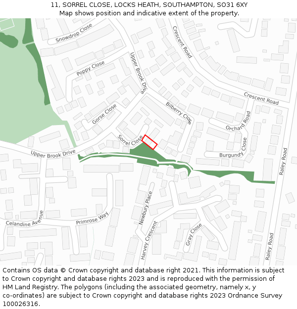 11, SORREL CLOSE, LOCKS HEATH, SOUTHAMPTON, SO31 6XY: Location map and indicative extent of plot