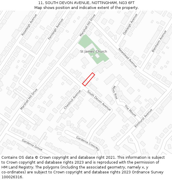 11, SOUTH DEVON AVENUE, NOTTINGHAM, NG3 6FT: Location map and indicative extent of plot