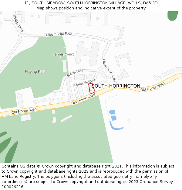11, SOUTH MEADOW, SOUTH HORRINGTON VILLAGE, WELLS, BA5 3DJ: Location map and indicative extent of plot
