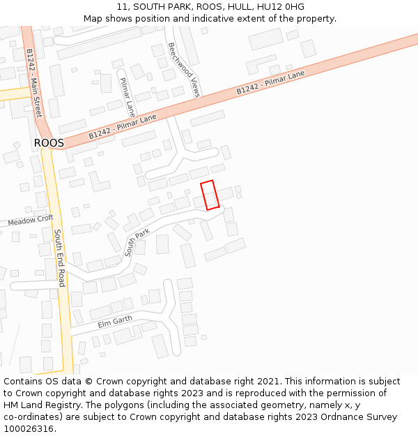 11, SOUTH PARK, ROOS, HULL, HU12 0HG: Location map and indicative extent of plot