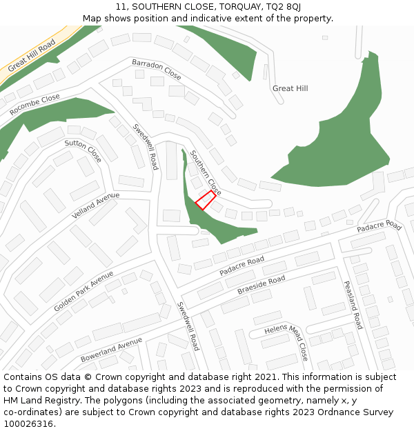 11, SOUTHERN CLOSE, TORQUAY, TQ2 8QJ: Location map and indicative extent of plot