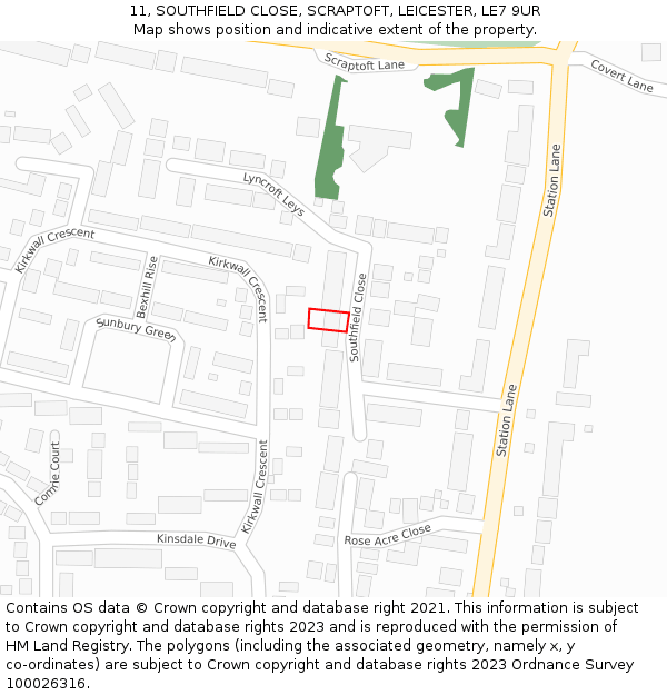 11, SOUTHFIELD CLOSE, SCRAPTOFT, LEICESTER, LE7 9UR: Location map and indicative extent of plot