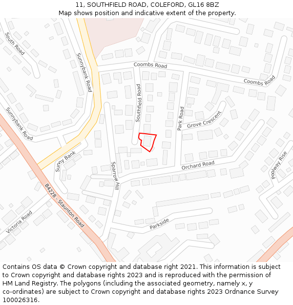 11, SOUTHFIELD ROAD, COLEFORD, GL16 8BZ: Location map and indicative extent of plot