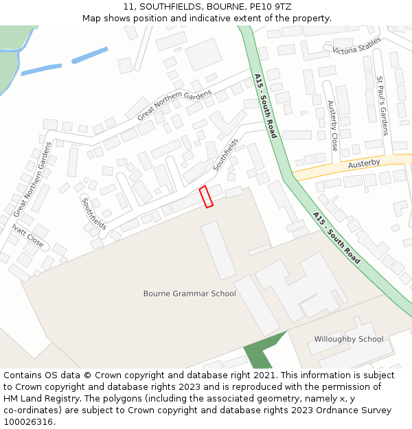 11, SOUTHFIELDS, BOURNE, PE10 9TZ: Location map and indicative extent of plot