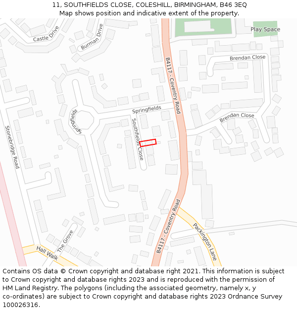 11, SOUTHFIELDS CLOSE, COLESHILL, BIRMINGHAM, B46 3EQ: Location map and indicative extent of plot