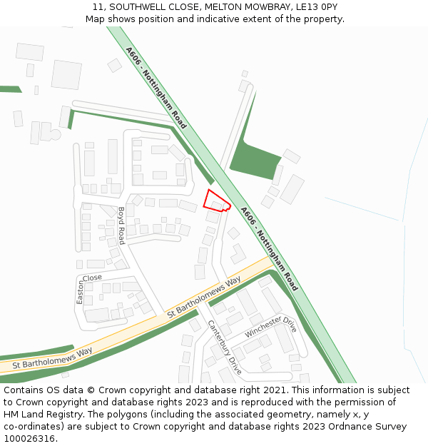 11, SOUTHWELL CLOSE, MELTON MOWBRAY, LE13 0PY: Location map and indicative extent of plot