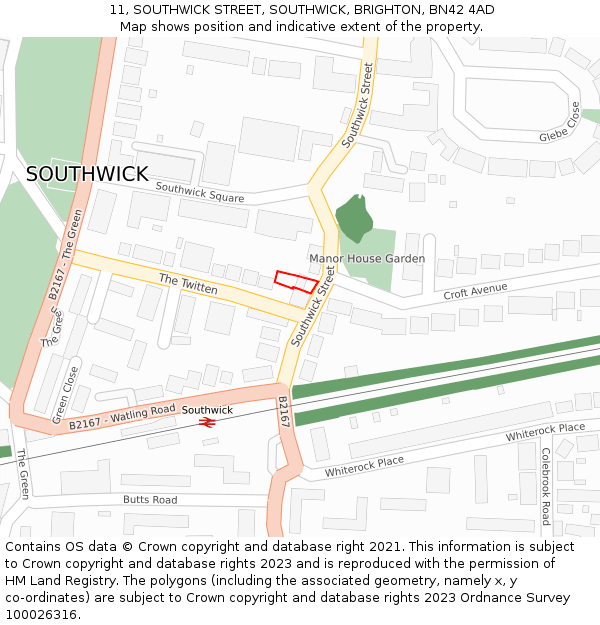 11, SOUTHWICK STREET, SOUTHWICK, BRIGHTON, BN42 4AD: Location map and indicative extent of plot