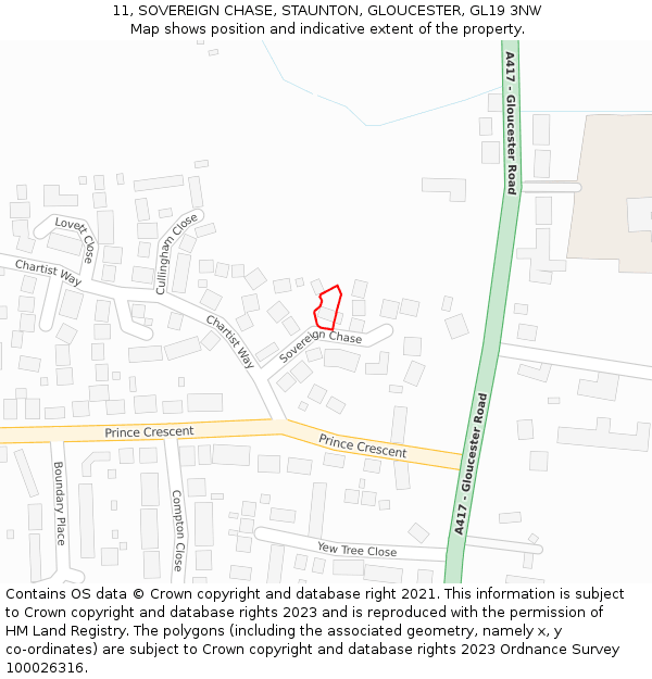 11, SOVEREIGN CHASE, STAUNTON, GLOUCESTER, GL19 3NW: Location map and indicative extent of plot