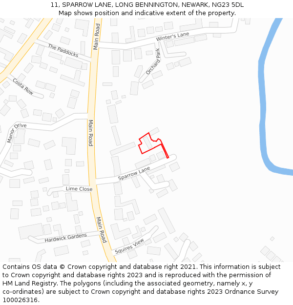 11, SPARROW LANE, LONG BENNINGTON, NEWARK, NG23 5DL: Location map and indicative extent of plot