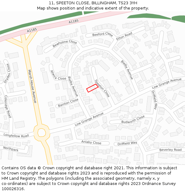 11, SPEETON CLOSE, BILLINGHAM, TS23 3YH: Location map and indicative extent of plot