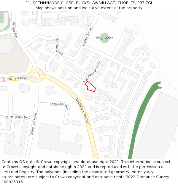 11, SPENNYMOOR CLOSE, BUCKSHAW VILLAGE, CHORLEY, PR7 7GL: Location map and indicative extent of plot