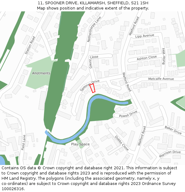 11, SPOONER DRIVE, KILLAMARSH, SHEFFIELD, S21 1SH: Location map and indicative extent of plot
